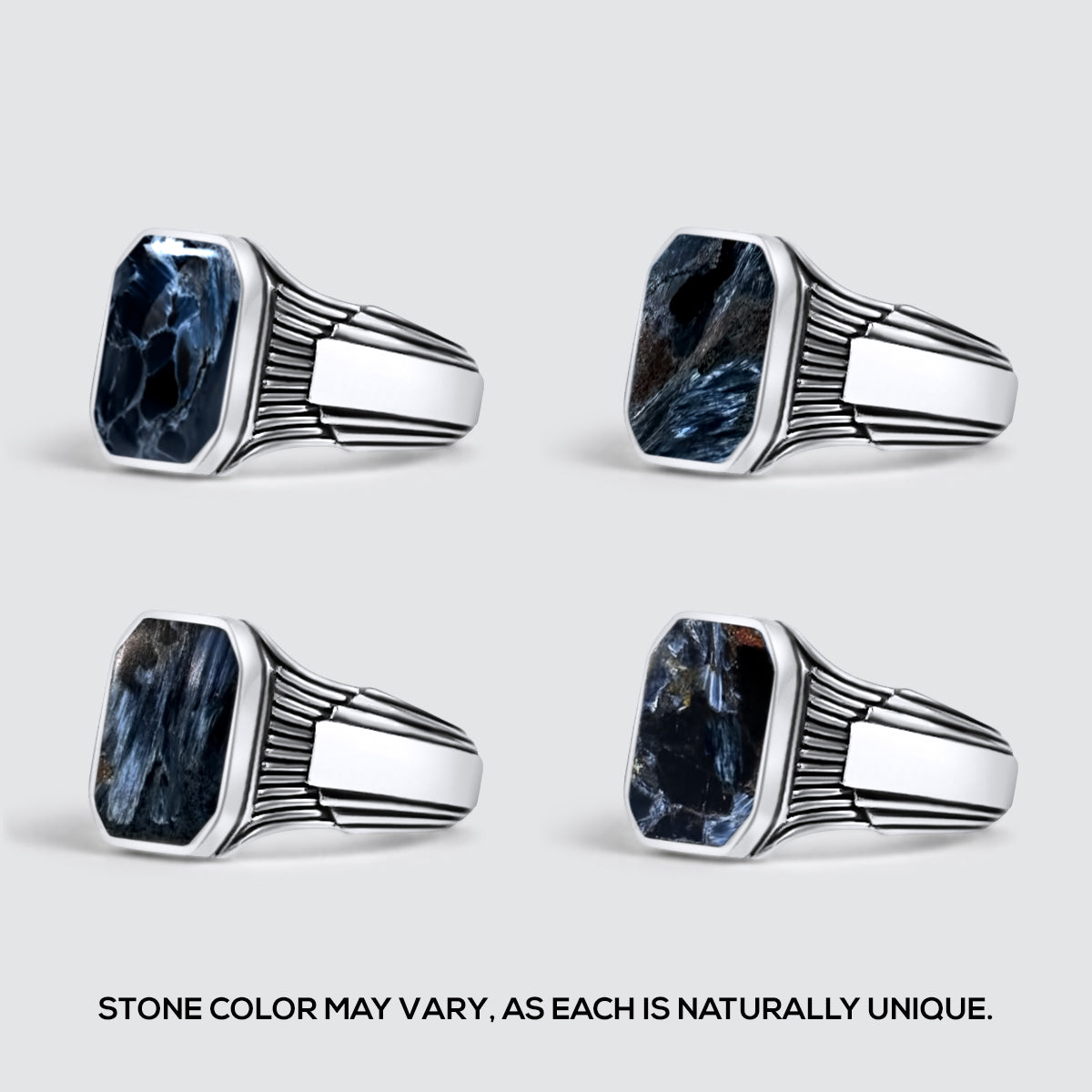 Four Bariq sterling silver mens ring on the same angle to show the colour variation of blue stone.