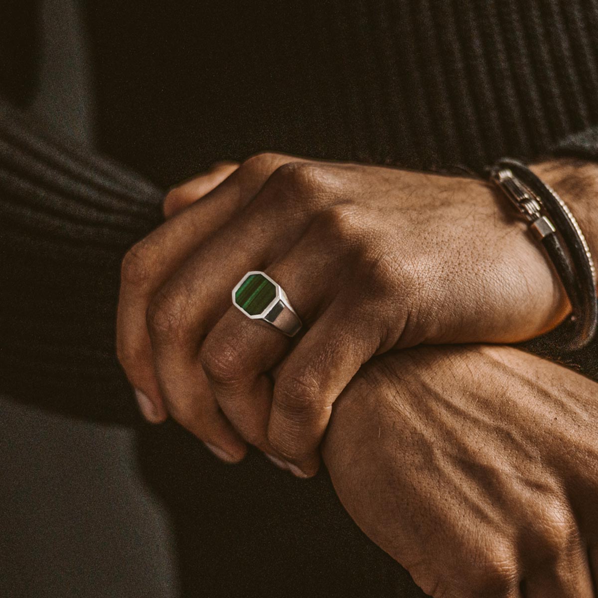Zaid - Sterling Silver Malachite Signet Ring 13mm