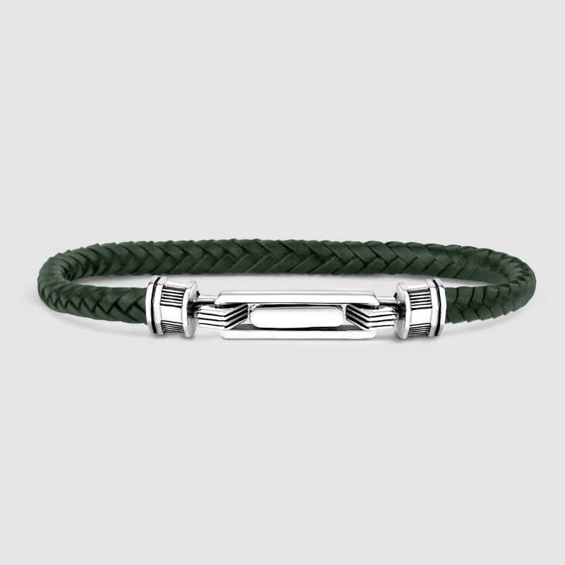 Rayhan - Braided Green Leather Bracelet with Sterling Silver 5.5mm