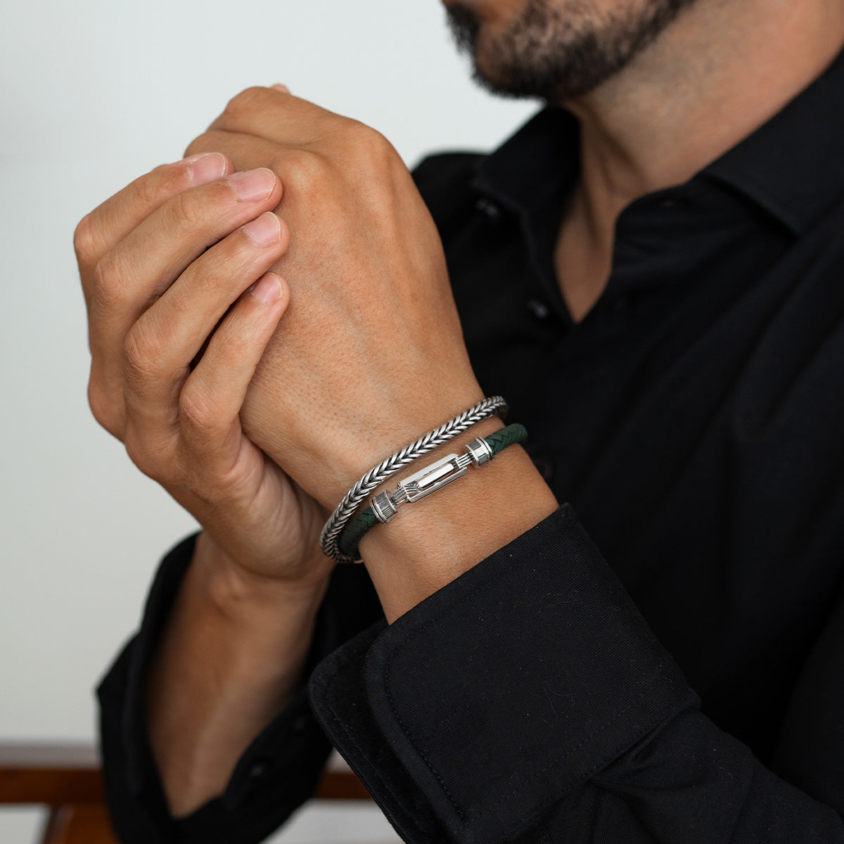 Rayhan - Braided Green Leather Bracelet with Sterling Silver 5.5mm