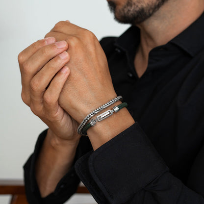 Rayhan - Braided Green Leather Bracelet with Sterling Silver 5.5mm