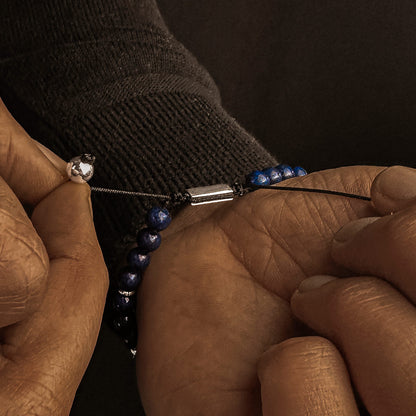 Kadar - Adjustable Lapis Lazuli Beaded Bracelet in Silver 8mm