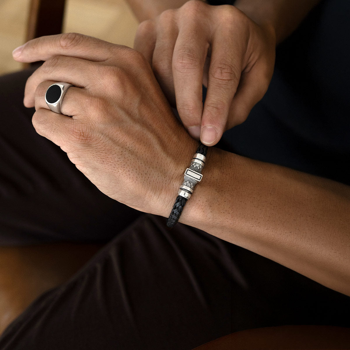 Muran - Genuine Black Leather Bracelet with Sterling Silver 8mm