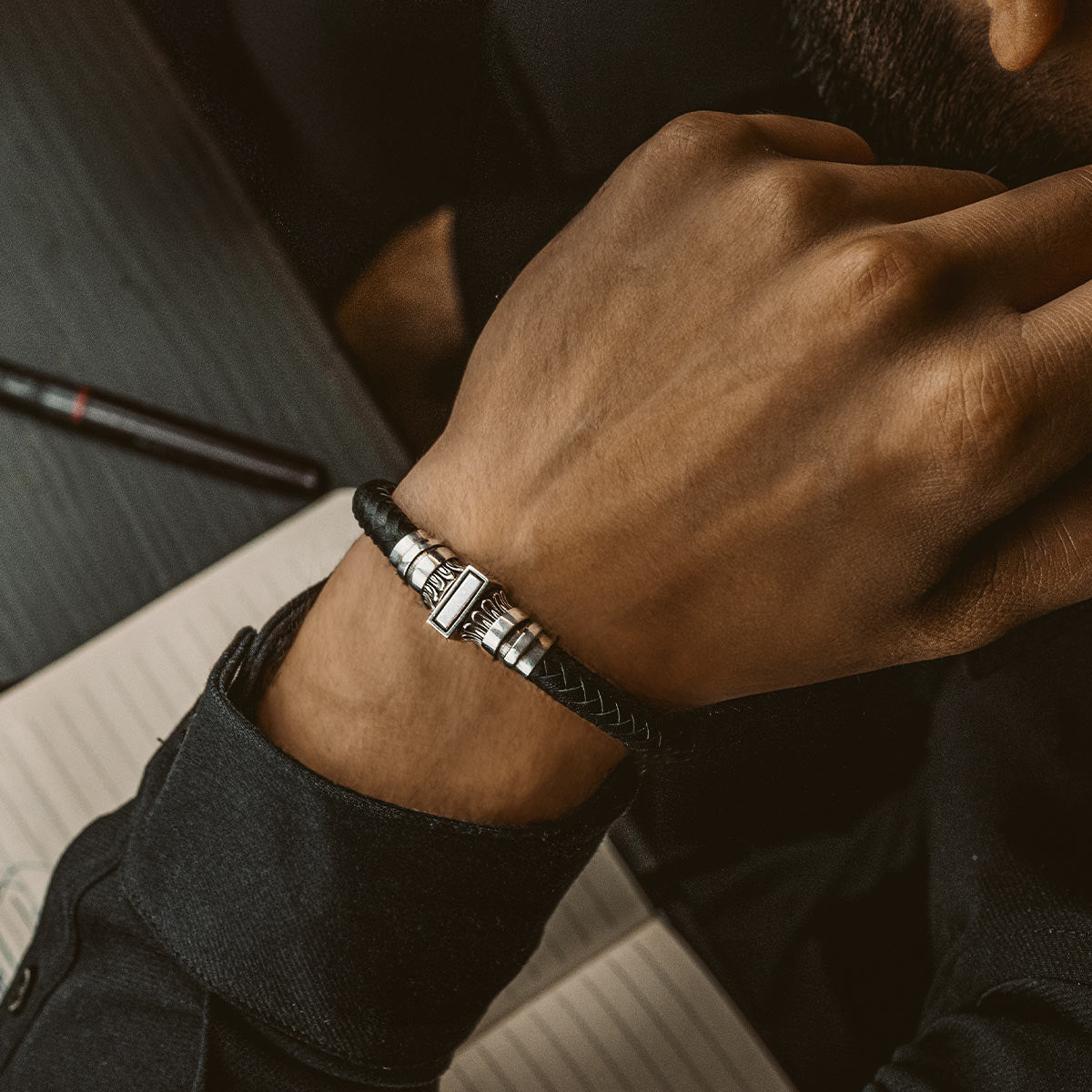 Mirel - Genuine Black Leather Bracelet with Sterling Silver 7mm
