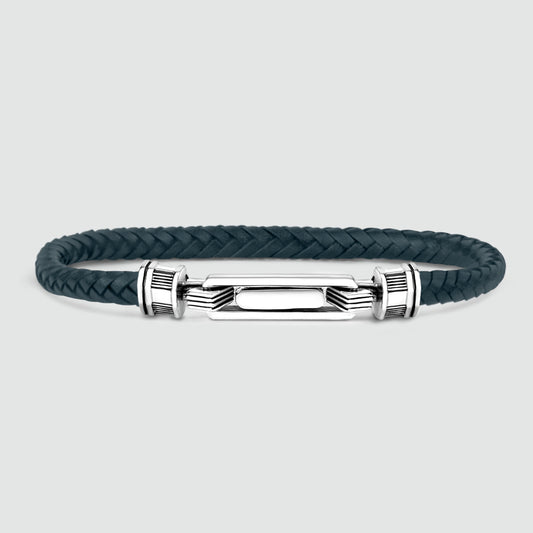 Razin - Braided Navy Blue Leather Bracelet with Sterling Silver 5.5mm