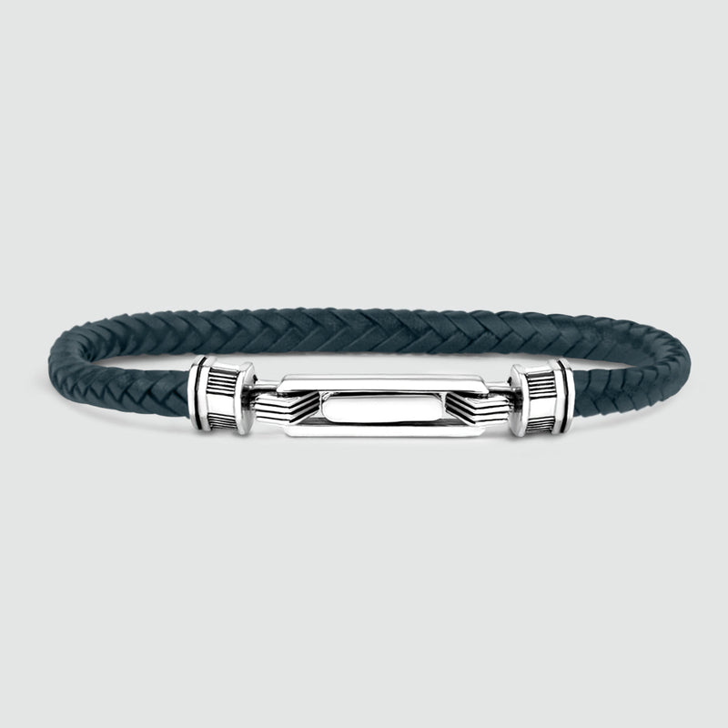 Razin - Braided Navy Blue Leather Bracelet with Sterling Silver 5.5mm