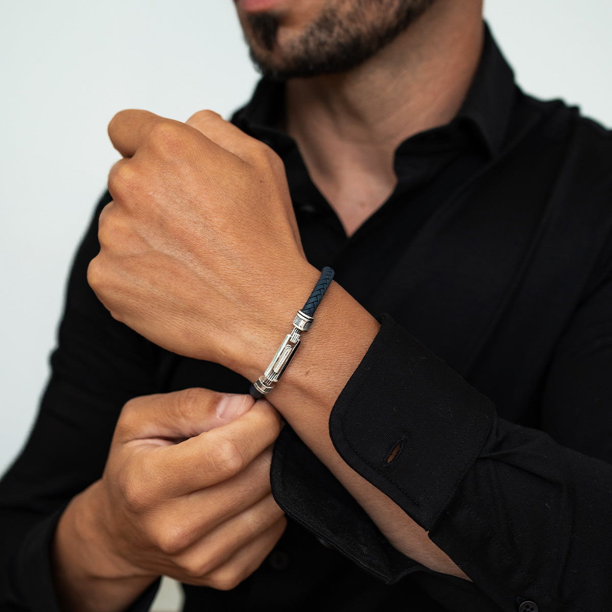 Razin - Braided Navy Blue Leather Bracelet with Sterling Silver 5.5mm