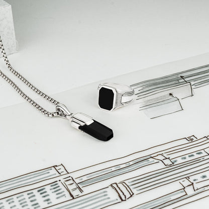 Tahsin - Art Deco Silver Black Onyx Pendant