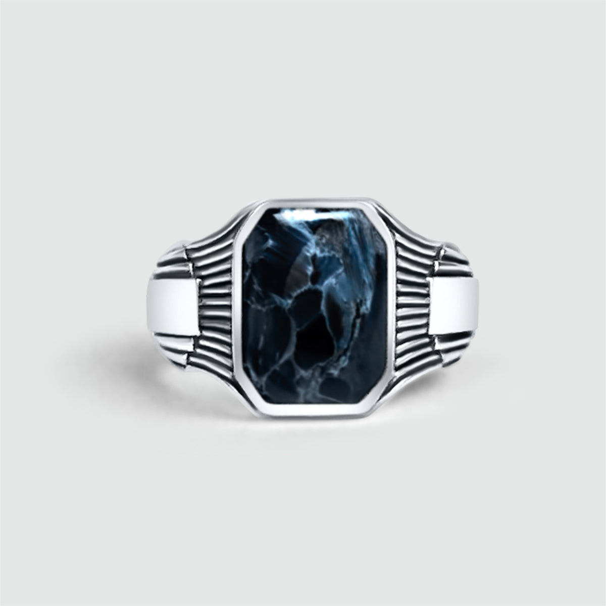 Front view of Bariq sterling silver mens signet ring to show quality of blue stone.
