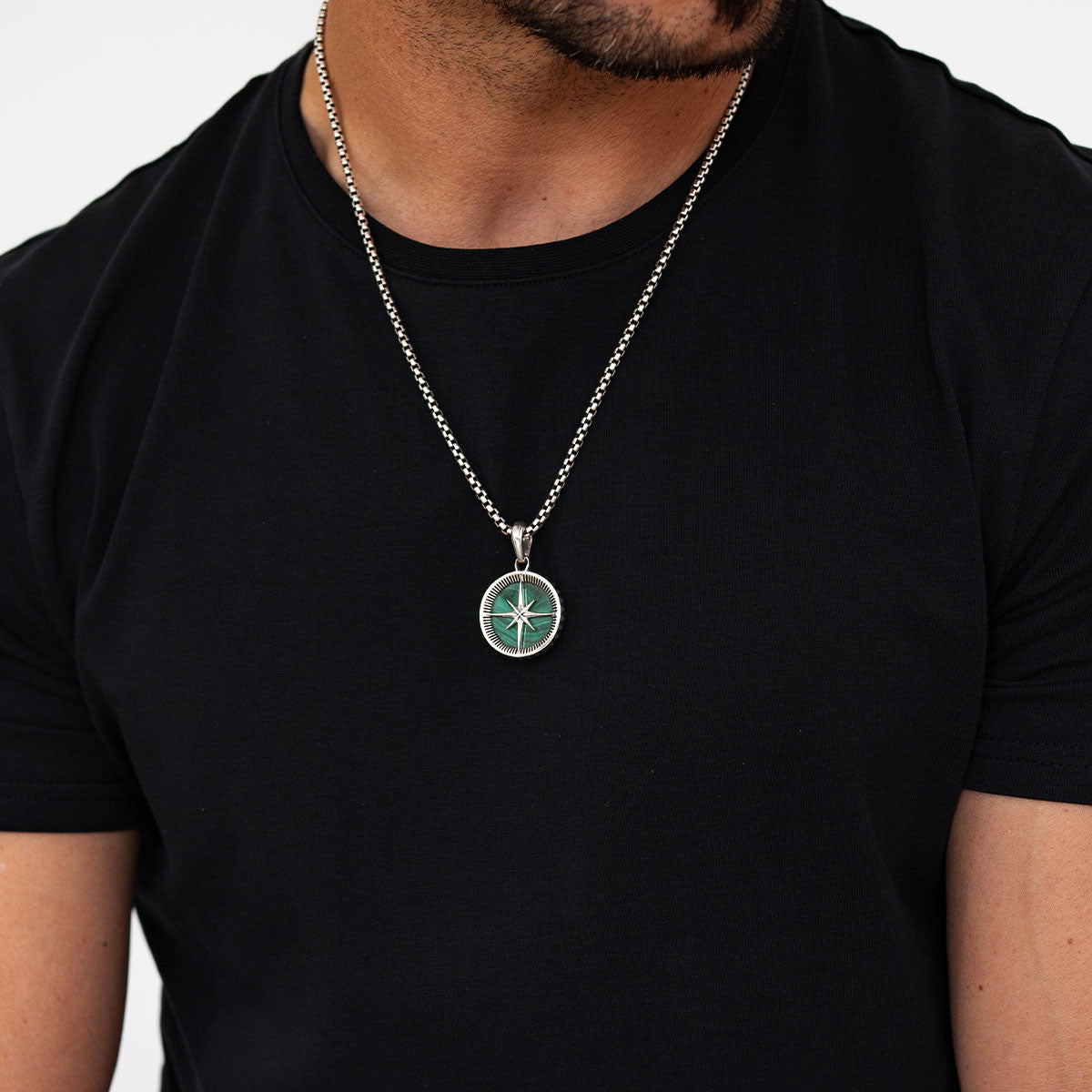 Safar - Sterling Silver Malachite Compass Pendant